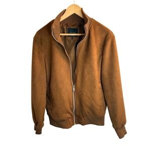 Porter & Ash Mens Brown Faux Suede Bomber Jacket Size S Full Zip Cognac